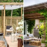 Mysig uteplats med pergola tak tyg som ger skugga. Runtom frodig grönska och bambustaket.