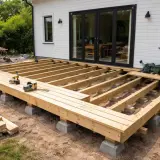 Bygga altan på plintar. Träkonstruktion för en ny altan tar form, med bjälkar vilande på betongplintar. Verktyg och virke ligger redo.