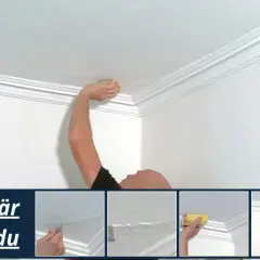 Man lagar sprickor i innertaket med spackel och sandpapper.