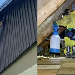 Arbetare i skylift rengör fasaden på ett syll hus. En annan person i skyddsdräkt sprutar isolering på en vind.