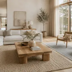 En ljus och luftig lounge med en stor, bekväm soffa och ett rustikt träbord. Stilren inredning med naturmaterial och en fantastisk utsikt över en sjö.
