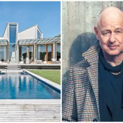 Gert Wingårdhs hus med pool och en porträttbild av arkitekten.
