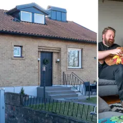 Ett charmigt putsat 50-talshus med en glad familj som myser i soffan.