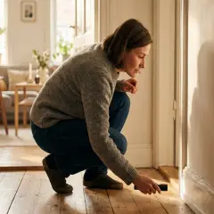 Kvinna med ficklampa undersöker golvet, undrar om det luktar gammal gubbe i huset.