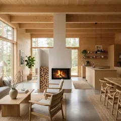 Attefallshus inspiration: Ljust och luftigt vardagsrum med öppen planlösning, kök och matplats i trä. En sprakande brasa i den moderna öppna spisen.