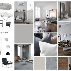 Moodboard vardagsrum med inspiration för ett modernt och stilrent hem. Grå toner, trädetaljer och minimalistiska möbler.
