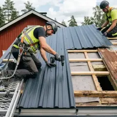 Två takläggare byter ut ett gammalt plåttak mot ett nytt. En skruvar fast en ny plåt, medan den andra håller en annan redo.