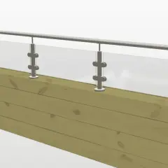 Modern glasräcke med rostfria stolpar monterat på träbjälkar. Perfekt för att laga murstock eller bygga altan.