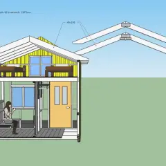 En ritning visar ett hus i genomskärning med en person på en balkong. Takfot detalj med mått 45x195.