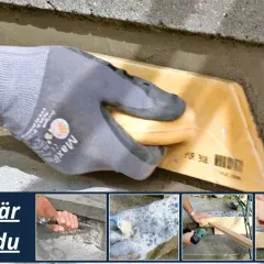 Hand med handske spacklar betong för att laga betongtrappa. Bilden visar steg för steg hur man reparerar en trappa.