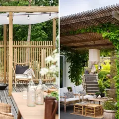 Mysig uteplats med pergola tak tyg som ger skugga. Runtom frodig grönska och bambustaket.