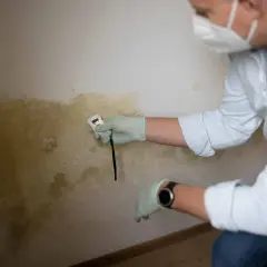En person med mask och handskar mäter fukt på en vägg med mögel. Det ser ut som en inspektion av gavel på hus.
