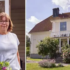 Kvinna med blommor framför ett charmigt 30-tals hus med en vacker rosenbuske.
