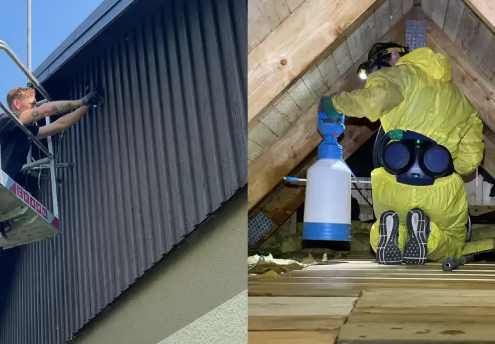 Arbetare i skylift rengör fasaden på ett syll hus. En annan person i skyddsdräkt sprutar isolering på en vind.