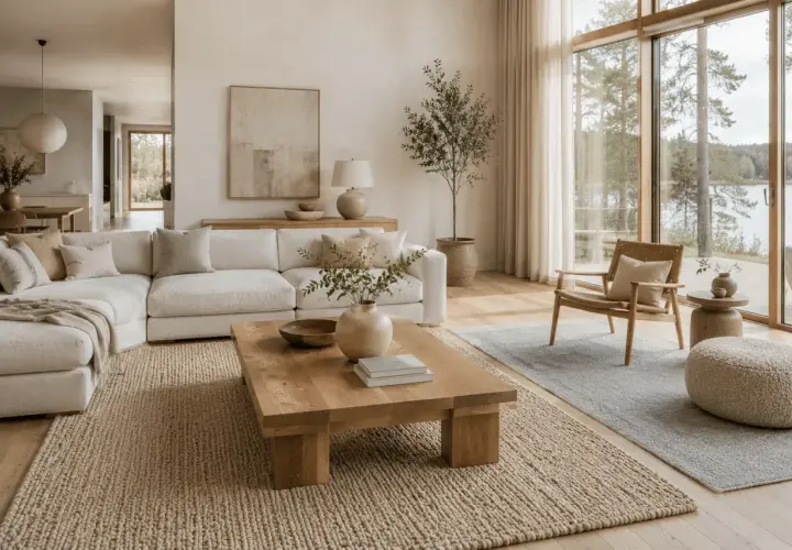 En ljus och luftig lounge med en stor, bekväm soffa och ett rustikt träbord. Stilren inredning med naturmaterial och en fantastisk utsikt över en sjö.