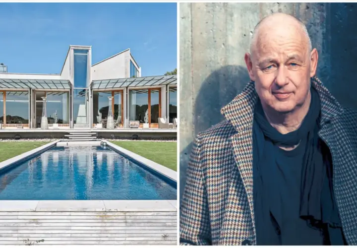 Gert Wingårdhs hus med pool och en porträttbild av arkitekten.