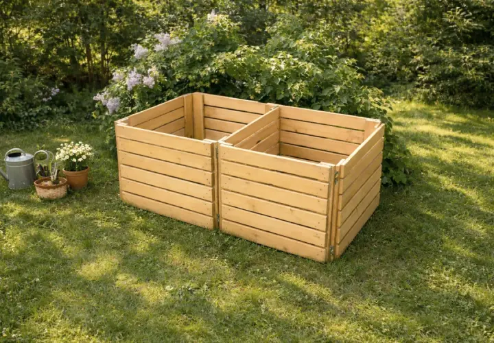 Två sektioner av en nybyggd kompostbehållare i trä står på en gräsmatta. Bredvid står en vattenkanna och krukor med blommor, redo att börja bygga kompost.