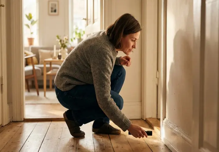 Kvinna med ficklampa undersöker golvet, undrar om det luktar gammal gubbe i huset.