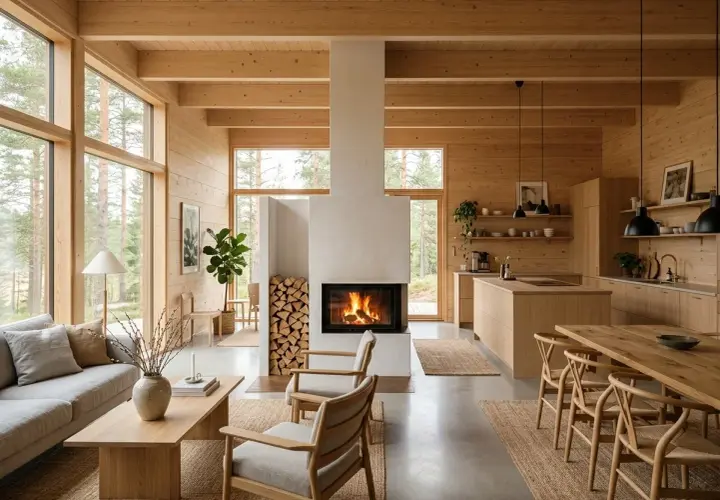 Attefallshus inspiration: Ljust och luftigt vardagsrum med öppen planlösning, kök och matplats i trä. En sprakande brasa i den moderna öppna spisen.