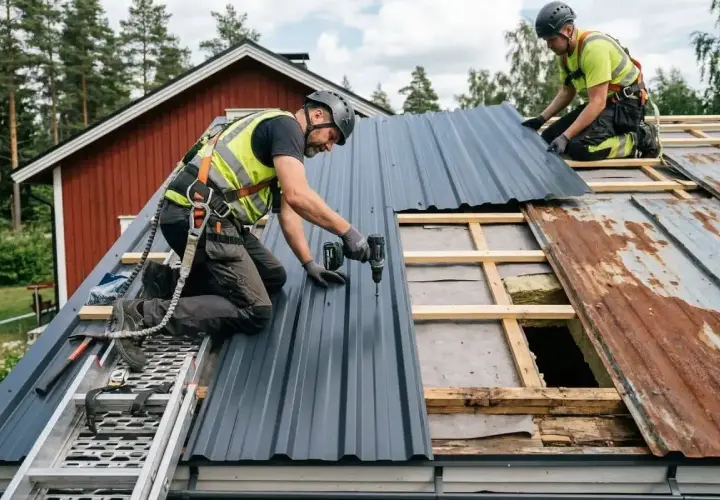 Två takläggare byter ut ett gammalt plåttak mot ett nytt. En skruvar fast en ny plåt, medan den andra håller en annan redo.
