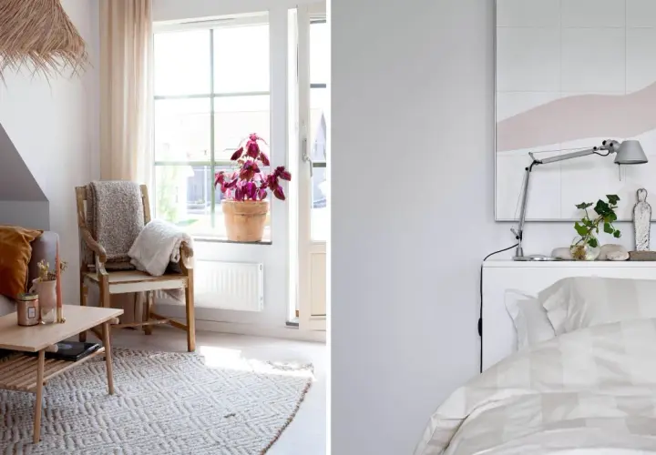 Mysigt litet sovrum inspiration med en bekväm soffa, ett träbord och en stol med plädar. På andra sidan syns en säng med randigt påslakan.