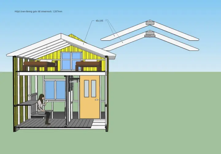 En ritning visar ett hus i genomskärning med en person på en balkong. Takfot detalj med mått 45x195.