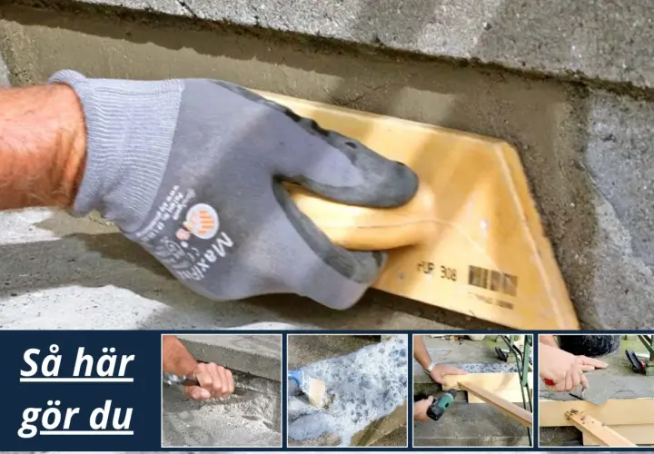 Hand med handske spacklar betong för att laga betongtrappa. Bilden visar steg för steg hur man reparerar en trappa.