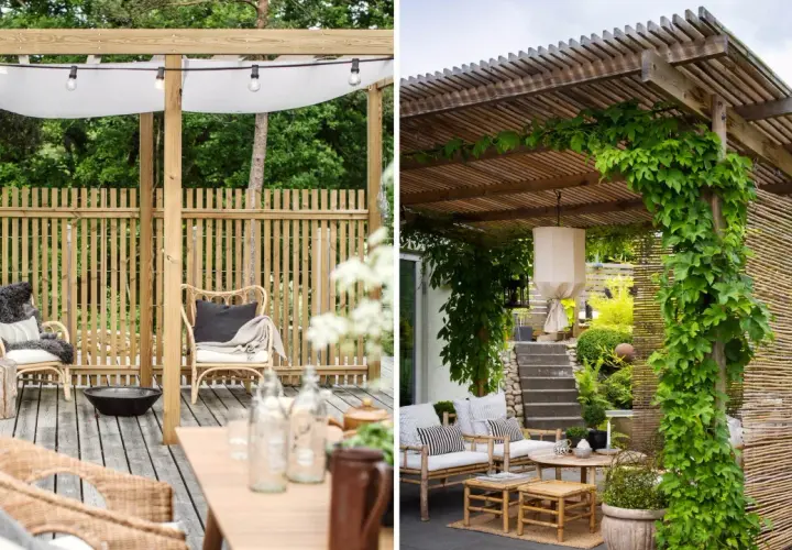 Mysig uteplats med pergola tak tyg som ger skugga. Runtom frodig grönska och bambustaket.