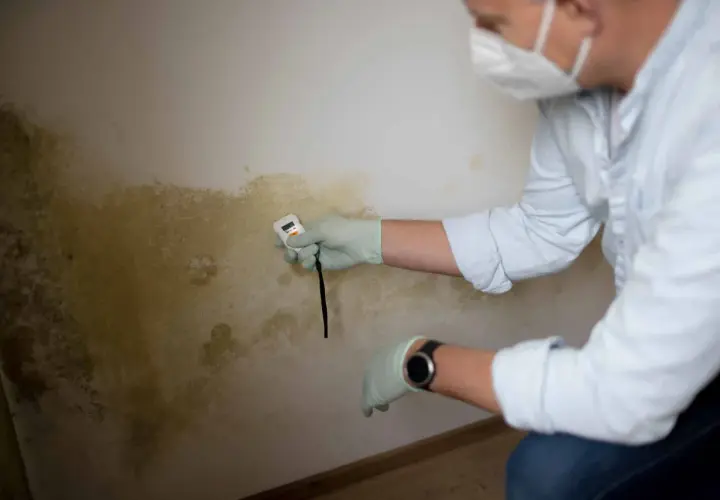 En person med mask och handskar mäter fukt på en vägg med mögel. Det ser ut som en inspektion av gavel på hus.