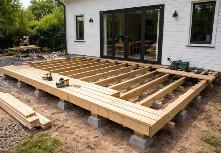 Bygga altan på plintar. Träkonstruktion för en ny altan tar form, med bjälkar vilande på betongplintar. Verktyg och virke ligger redo.