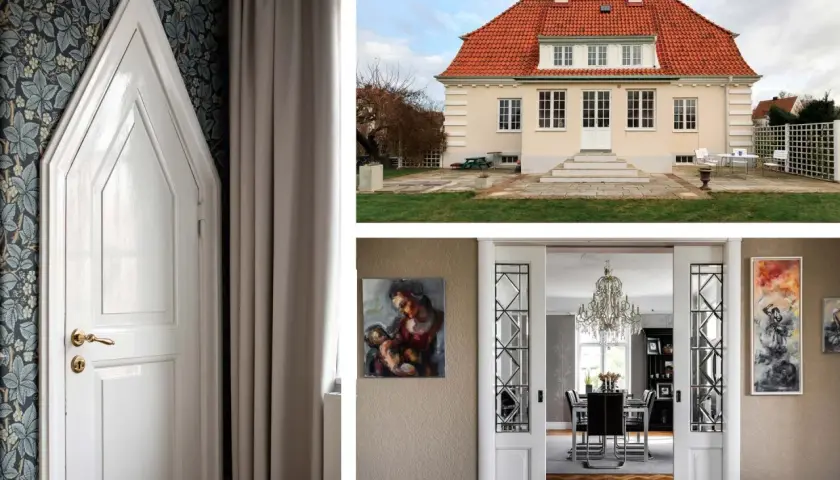 Vackert 20-tals hus med detaljerad dörr, trädgård och inbjudande matsal.
