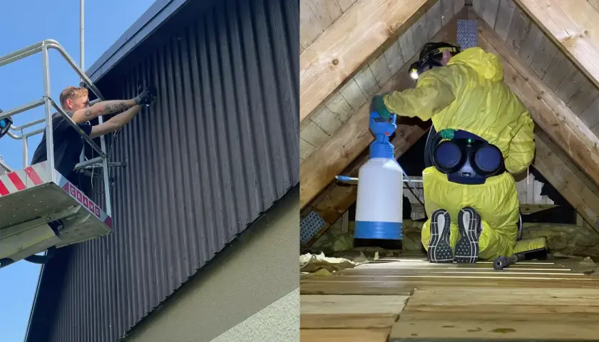 Arbetare i skylift rengör fasaden på ett syll hus. En annan person i skyddsdräkt sprutar isolering på en vind.