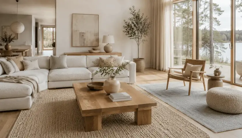 En ljus och luftig lounge med en stor, bekväm soffa och ett rustikt träbord. Stilren inredning med naturmaterial och en fantastisk utsikt över en sjö.