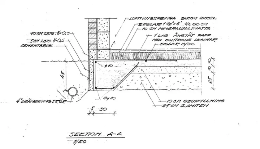 Oisolerad platta på mark med dräneringsrör, cementbruk, isolering och ångspärr.