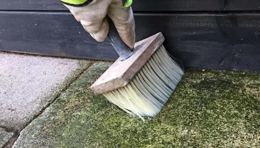 En hand med handske använder en borste för att ta bort mossa på stenplattor. Ett husmorstips för renare uteplats.