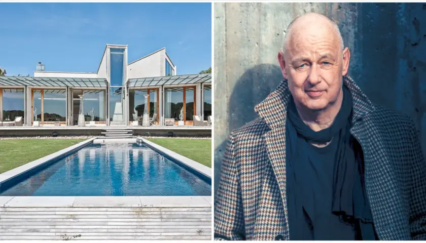 Gert Wingårdhs hus med pool och en porträttbild av arkitekten.