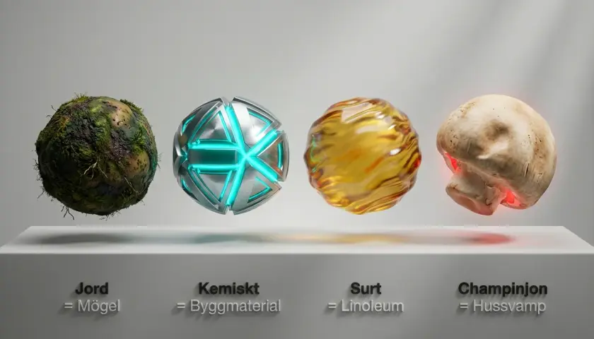 En champinjon som lyser rött, bredvid en guldig, virvlande klump. Kanske så här hur luktar hussvamp?