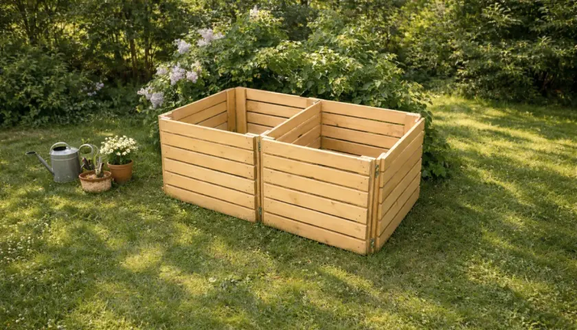 Två sektioner av en nybyggd kompostbehållare i trä står på en gräsmatta. Bredvid står en vattenkanna och krukor med blommor, redo att börja bygga kompost.