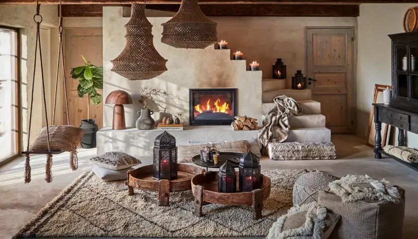 Mysigt vardagsrum i lantlig stil med öppen spis, hängande gungstol, korglampor och marockanska lyktor.