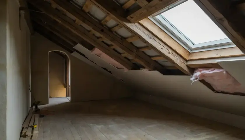 Pågår renovera vind. Synliga takbjälkar, isolering och ett takfönster. Golvet är av trä.