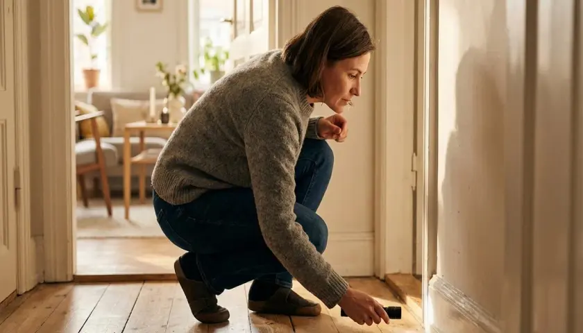 Kvinna med ficklampa undersöker golvet, undrar om det luktar gammal gubbe i huset.