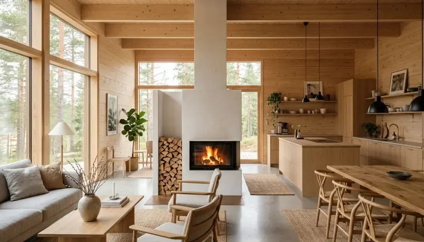 Attefallshus inspiration: Ljust och luftigt vardagsrum med öppen planlösning, kök och matplats i trä. En sprakande brasa i den moderna öppna spisen.