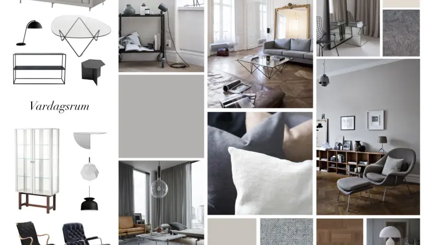 Moodboard vardagsrum med inspiration för ett modernt och stilrent hem. Grå toner, trädetaljer och minimalistiska möbler.
