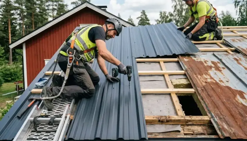 Två takläggare byter ut ett gammalt plåttak mot ett nytt. En skruvar fast en ny plåt, medan den andra håller en annan redo.