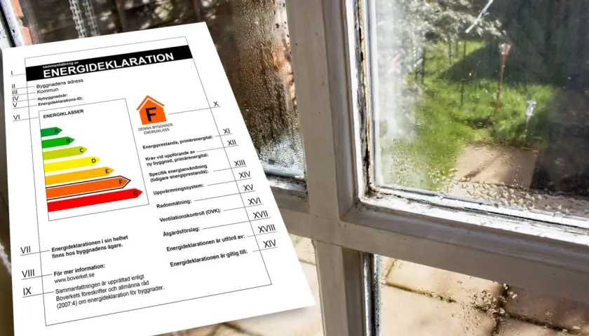 Energideklaration med klass F bredvid ett gammalt, immat fönster.