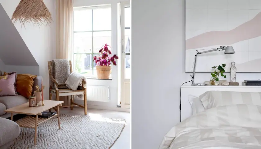 Mysigt litet sovrum inspiration med en bekväm soffa, ett träbord och en stol med plädar. På andra sidan syns en säng med randigt påslakan.