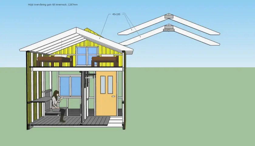 En ritning visar ett hus i genomskärning med en person på en balkong. Takfot detalj med mått 45x195.