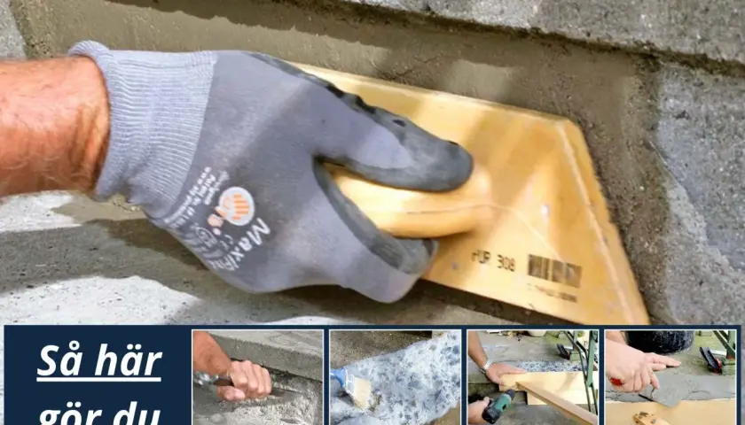 Hand med handske spacklar betong för att laga betongtrappa. Bilden visar steg för steg hur man reparerar en trappa.