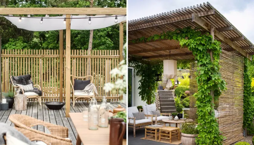 Mysig uteplats med pergola tak tyg som ger skugga. Runtom frodig grönska och bambustaket.