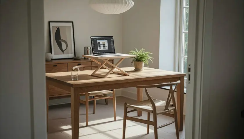 Ett stilrent litet hemmakontor med ett träbord, laptop på stativ, en grön växt och en abstrakt tavla.